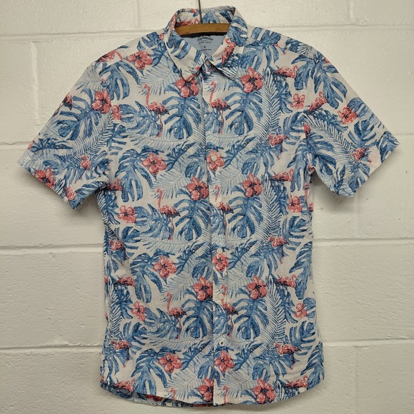Izod Other - IZOD Saltwater Woven Chambray Hawaiian Flamingo Shirt SMALL Blue Tropical Button